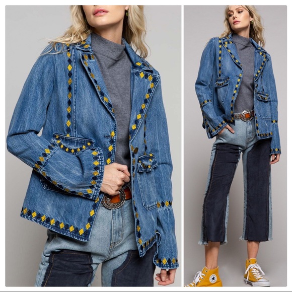 POL 70's Vintage Tribal Embroidered Denim Jacket - Picture 7 of 11